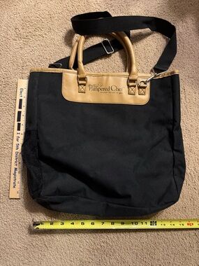 The Pampered Chef Black and Tan Messenger Tote with Shoulder Strap and handles